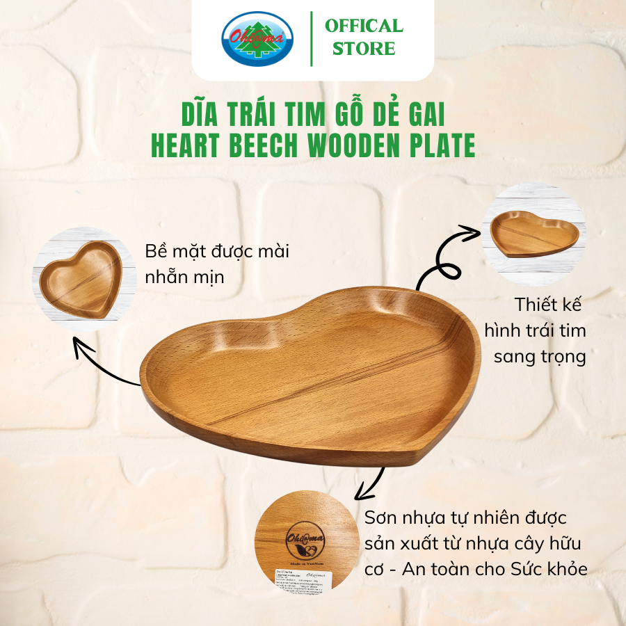  Dĩa Trái Tim Gỗ Dẻ Gai Ohi@ma Heart Beech Wooden Plate 