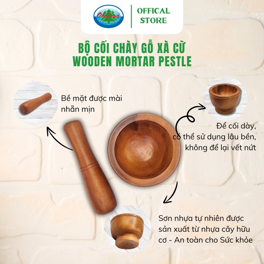  Bộ Cối Chày Gỗ Xà Cừ Tự Nhiên Ohi@ma Wooden Mortar Pestle 
