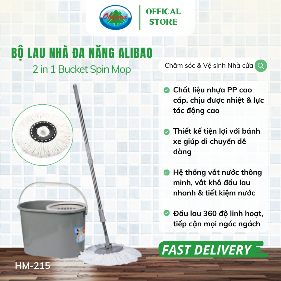  Bộ Lau Nhà 360 Độ Alibao Bucket Spin Mop HM-215 - Xám 