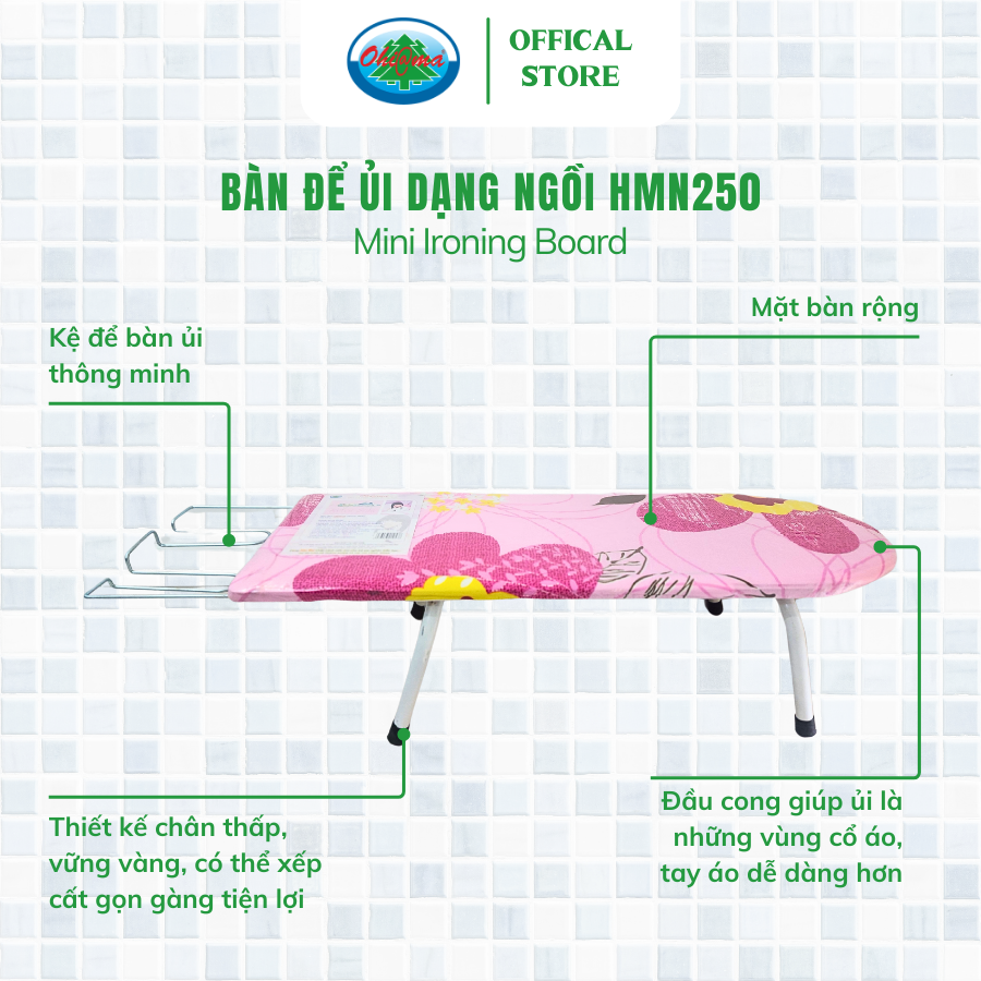  Bàn Để Ủi Đồ Ngồi Gấp Gọn Ohi@ma Mini Ironing Board HMN250, Cầu Là Quần Áo Chân Thấp, Màu Ngẫu Nhiên 
