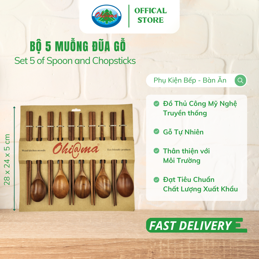  Bộ 5 Muỗng Đũa Gỗ Ohiama Wooden Spoon and Chopticks Set | Dụng Cụ Bếp Bàn Ăn Đồ Thủ Công VNXK 