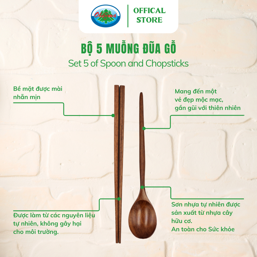  Bộ 5 Muỗng Đũa Gỗ Ohiama Wooden Spoon and Chopticks Set | Dụng Cụ Bếp Bàn Ăn Đồ Thủ Công VNXK 
