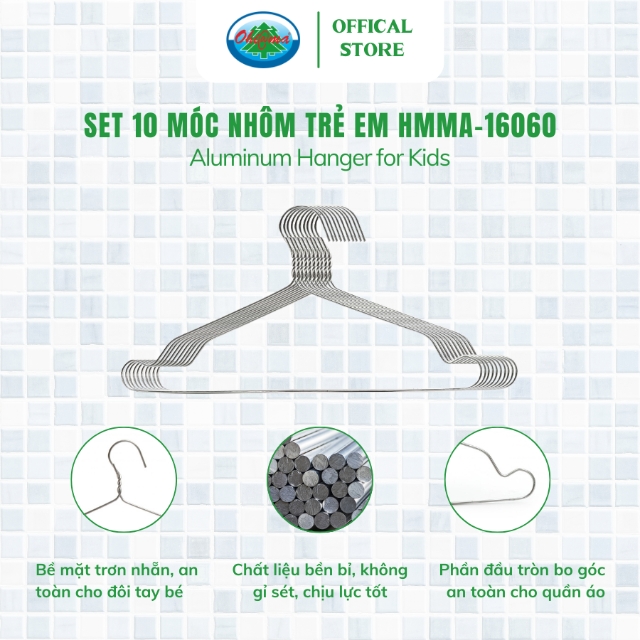  Set 3 vỉ (1 Vỉ x 10 chiếc ) Móc Nhôm Treo Quần Áo Trẻ Em Ohiama Aluminum Hanger for Kids HMMA-16060 - Mắc Phơi Đồ Bé 