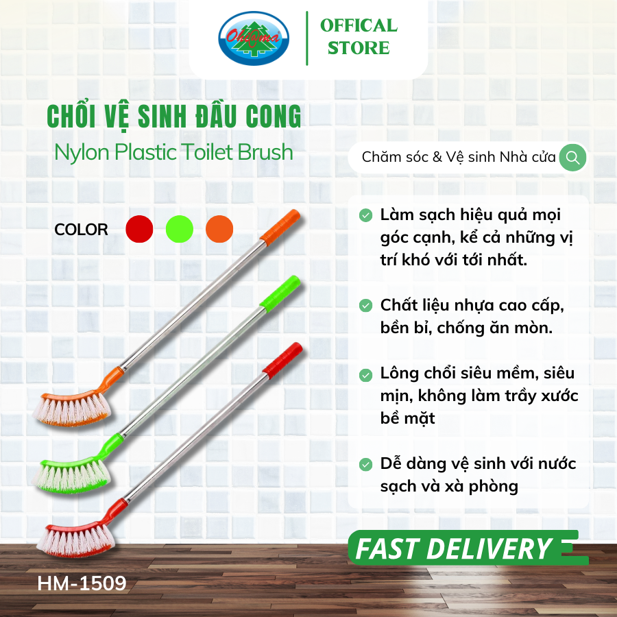  Cọ Bồn Cầu, Chổi Chà Toilet Inox Ohiama Nylon Plastic Toilet Brush HM-1509 