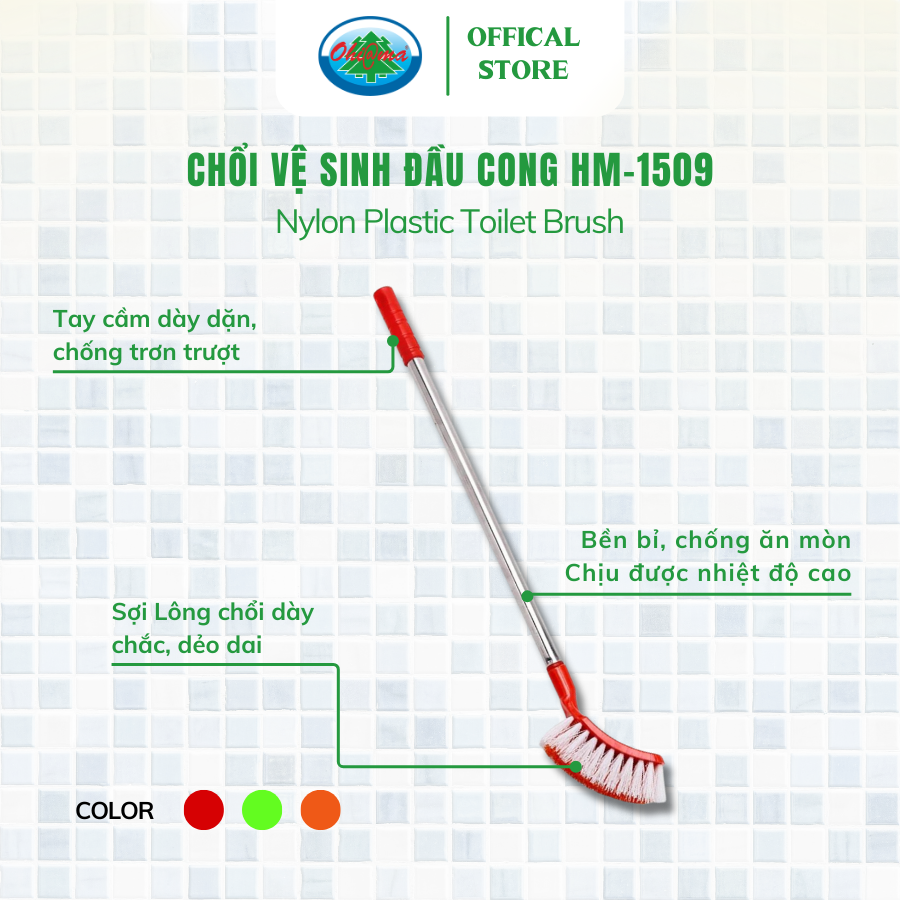  Cọ Bồn Cầu, Chổi Chà Toilet Inox Ohiama Nylon Plastic Toilet Brush HM-1509 