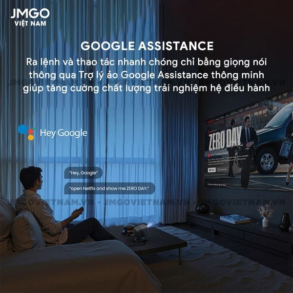 JMGO N1s 4K - Máy chiếu Triple-Laser DLP thông minh tích hợp Google TV và Netflix chính chủ, độ sáng 1.100 ISO lumens, phân giải chuẩn 4K UHD và hỗ trợ đa tính năng thông minh