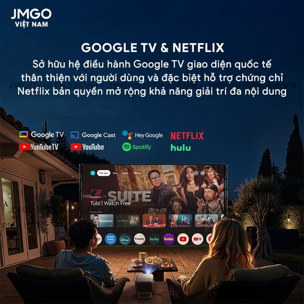 JMGO N1s 4K - Máy chiếu Triple-Laser DLP thông minh tích hợp Google TV và Netflix chính chủ, độ sáng 1.100 ISO lumens, phân giải chuẩn 4K UHD và hỗ trợ đa tính năng thông minh
