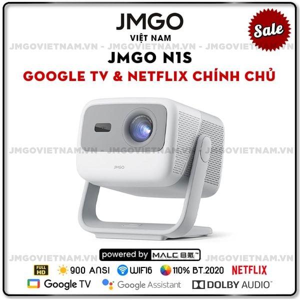 JMGO N1s - Máy chiếu Triple-Laser DLP thông minh tích hợp Google TV và Netflix chính chủ, độ sáng 900 ansi lumens, phân giải chuẩn Full HD và hỗ trợ đa tính năng thông minh
