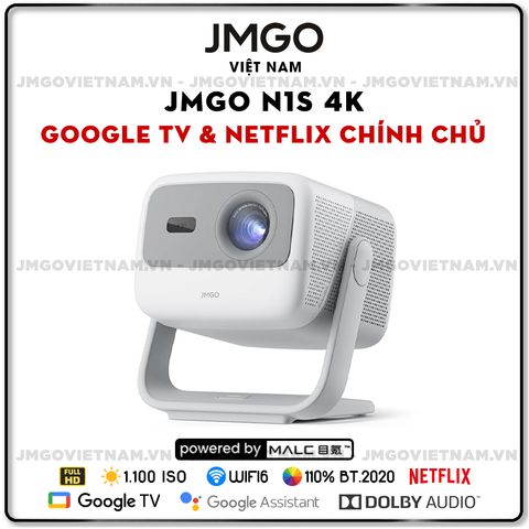 JMGO N1s 4K - Máy chiếu Triple-Laser DLP thông minh tích hợp Google TV và Netflix chính chủ, độ sáng 1.100 ISO lumens, phân giải chuẩn 4K UHD và hỗ trợ đa tính năng thông minh
