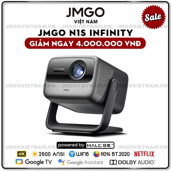 JMGO N1s Infinity- Máy chiếu Triple-Laser DLP thông minh tích hợp Google TV và Netflix chính chủ, độ sáng 2600 ansi lumens, phân giải chuẩn 4K UHD và hỗ trợ đa tính năng thông minh