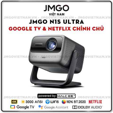 JMGO N1s Ultra - Máy chiếu Triple-Laser DLP thông minh tích hợp Google TV và Netflix chính chủ, độ sáng 3000 ansi lumens, phân giải chuẩn 4K UHD và hỗ trợ đa tính năng thông minh