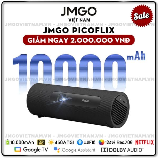 JMGO Picoflix - Máy chiếu LED DLP thông minh tích hợp Google TV và Netflix chính chủ, độ sáng 450 ansi lumens, phân giải chuẩn Full HD và tích hợp pin 10.000 mAh
