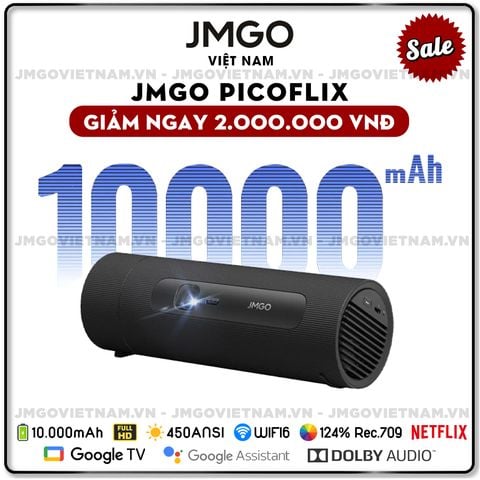 JMGO Picoflix - Máy chiếu LED DLP thông minh tích hợp Google TV và Netflix chính chủ, độ sáng 450 ansi lumens, phân giải chuẩn Full HD và tích hợp pin 10.000 mAh
