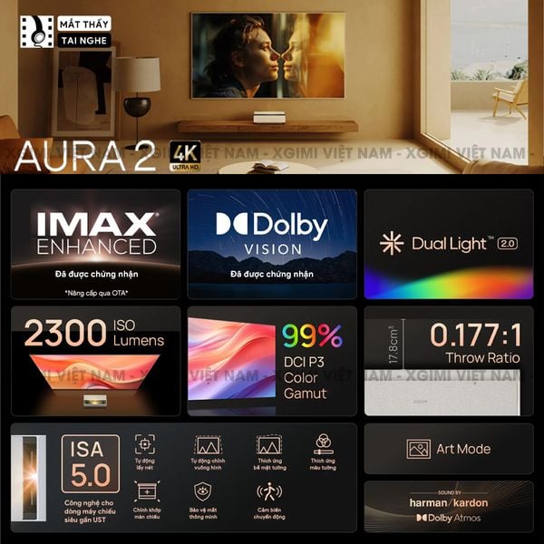 Xgimi Aura 2 - Máy chiếu siêu gần thông minh tích hợp hệ điều hành Android, nguồn sáng kép Dual Light 2.0, độ sáng 2300 ISO lumens, phân giải chuẩn 4K UHD, hỗ trợ các tính năng căn chỉnh thông minh, loa Harman Kardon, chuẩn Dolby Vision và IMAX Enhanced