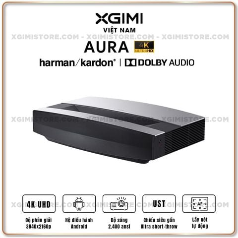 Xgimi Aura- Máy chiếu siêu gần thông minh tích hợp hệ điều hành Android, độ sáng 2400 ansi lumens, phân giải chuẩn 4K UHD, hỗ trợ lấy nét tự động Auto Focus và loa Harman Kardon