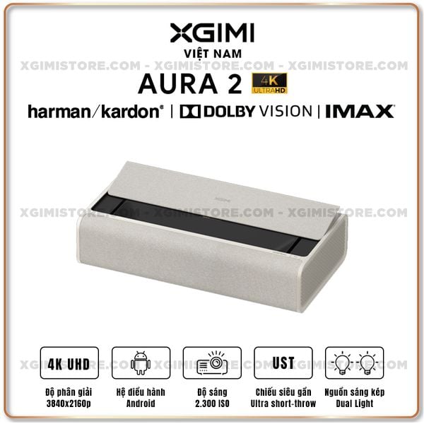 Xgimi Aura 2 - Máy chiếu siêu gần thông minh tích hợp hệ điều hành Android, nguồn sáng kép Dual Light 2.0, độ sáng 2300 ISO lumens, phân giải chuẩn 4K UHD, hỗ trợ các tính năng căn chỉnh thông minh, loa Harman Kardon, chuẩn Dolby Vision và IMAX Enhanced