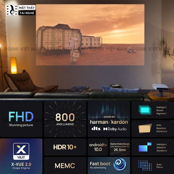 Xgimi Elfin - Máy chiếu thông minh tích hợp hệ điều hành Android, độ sáng 800 ansi lumens, phân giải Full HD, hỗ trợ các tính năng căn chỉnh thông minh và loa Harman Kardon