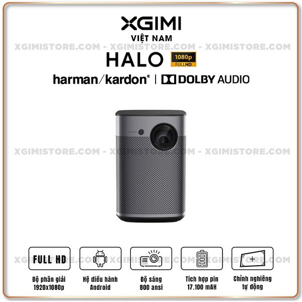 Xgimi Halo - Máy chiếu thông minh tích hợp hệ điều hành Android, độ sáng 800 ansi lumens, phân giải Full HD, hỗ trợ các tính năng căn chỉnh thông minh và loa Harman Kardon