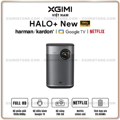 Xgimi Halo+ New - Máy chiếu thông minh tích hợp hệ điều hành Google TV, độ sáng 700 ISO lumens, phân giải Full HD, hỗ trợ các tính năng căn chỉnh thông minh, loa Harman Kardon và Netflix chính chủ