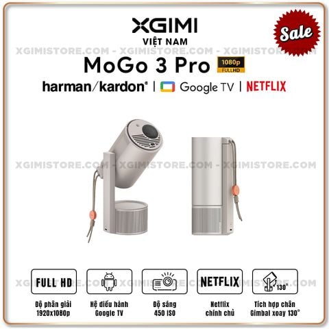 Xgimi MoGo 3 Pro - Máy chiếu thông minh tích hợp hệ điều hành Google TV, độ sáng 450 ISO lumens, phân giải Full HD, hỗ trợ các tính năng căn chỉnh thông minh, loa Harman Kardon và Netflix chính chủ