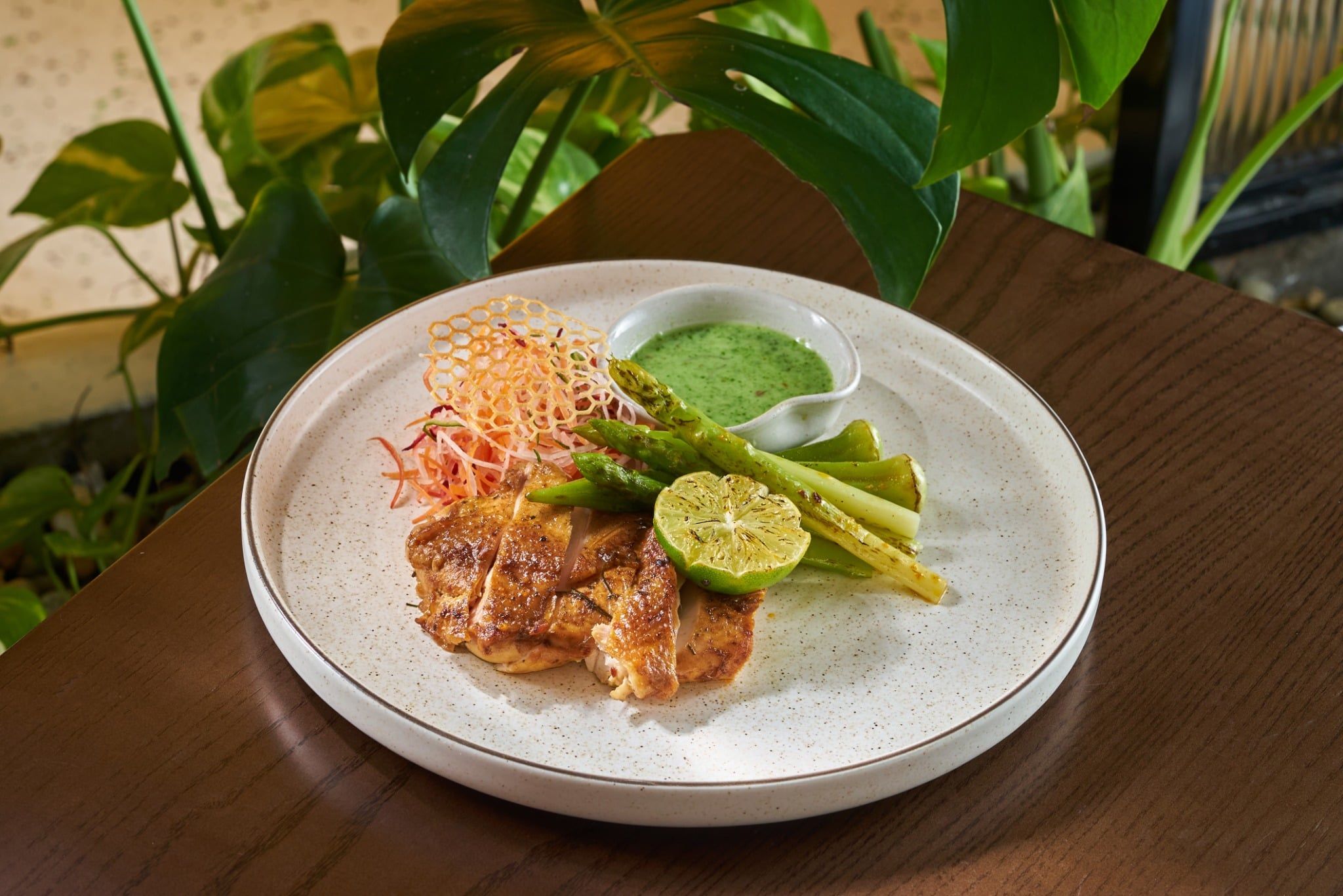  Grilled Chicken with Lime Leaf, Mắc Kén with Okra and Grilled Asparagus 