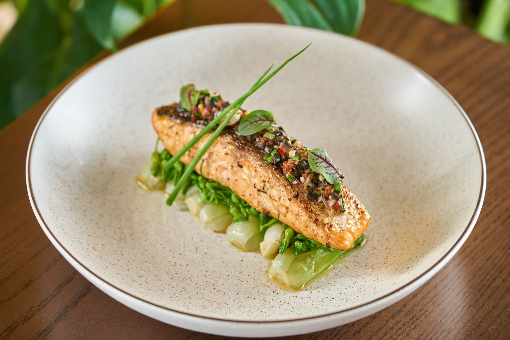  Grilled Sapa Salmon with Cham Cheo & Sauteed Tonkin Jasmine With Bok Choy 