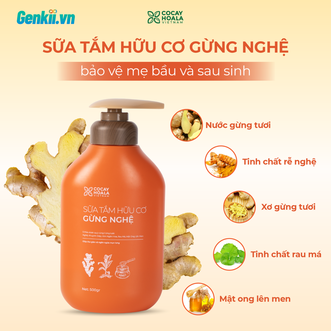  Sữa Tắm Thảo Dược Hữu Cơ Gừng Nghệ Cỏ Cây Hoa Lá 500gr Làm Sạch Sâu, Ngăn Ngừa Mụn Trên Da 