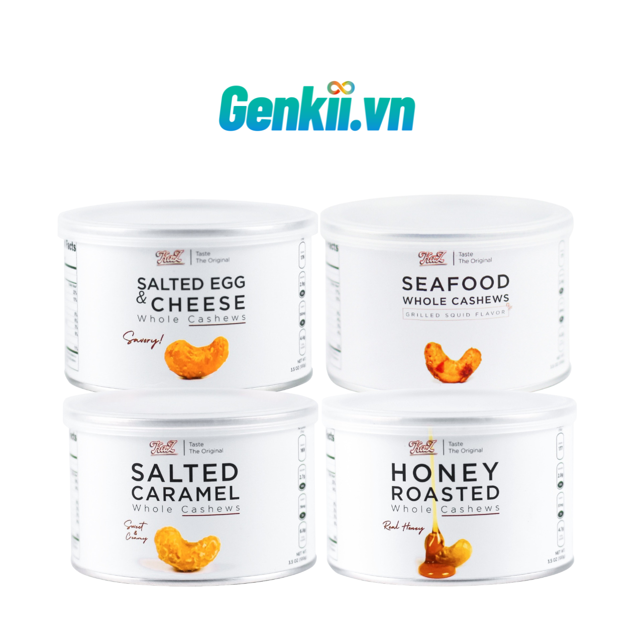  Combo 4 lon hạt điều Kaz 100gr Mix các vị Phô mai Trứng muối, Mật ong, Hải Sản, Caramel 