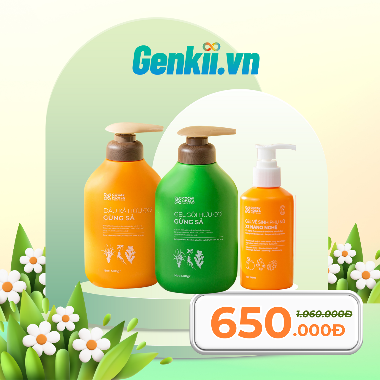  Combo Gel Gội Xả Gừng Sả + Dung dịch vệ sinh X2 Nano Nghệ Cỏ Cây Hoa Lá 