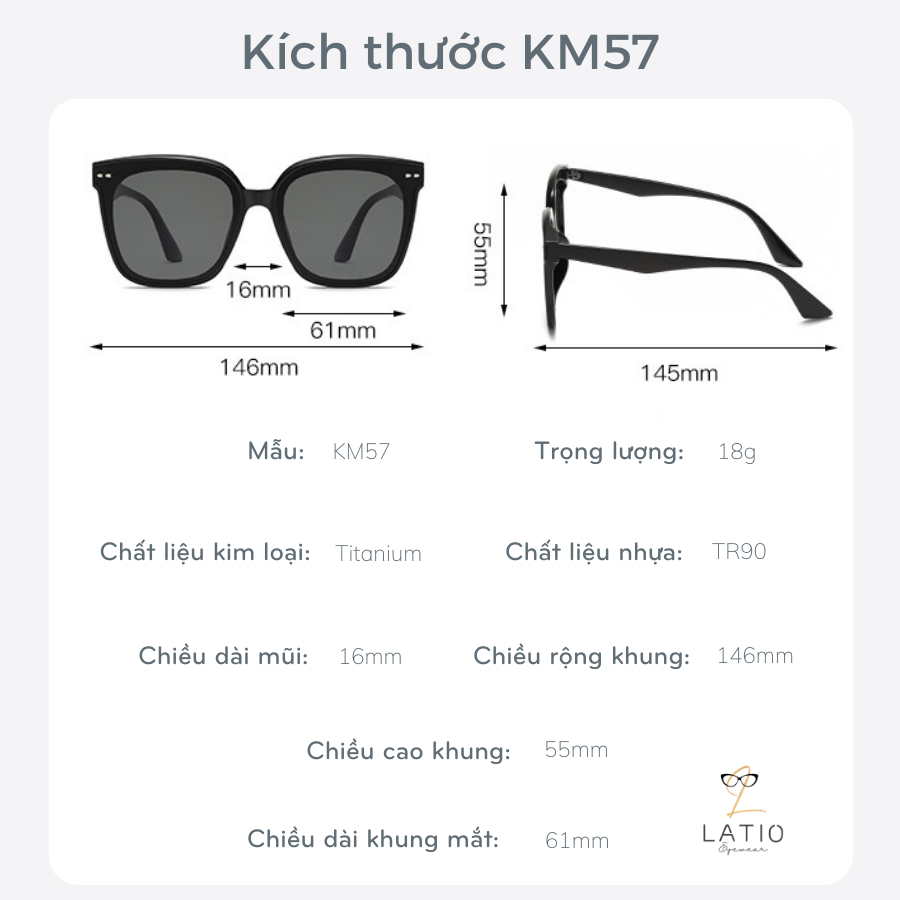 Kính râm nam nữ LATIO cá tính, thiết kế gọng vuông basic