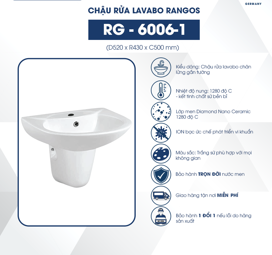 Chậu rửa lavabo chân lửng Rangos RG-6006-1