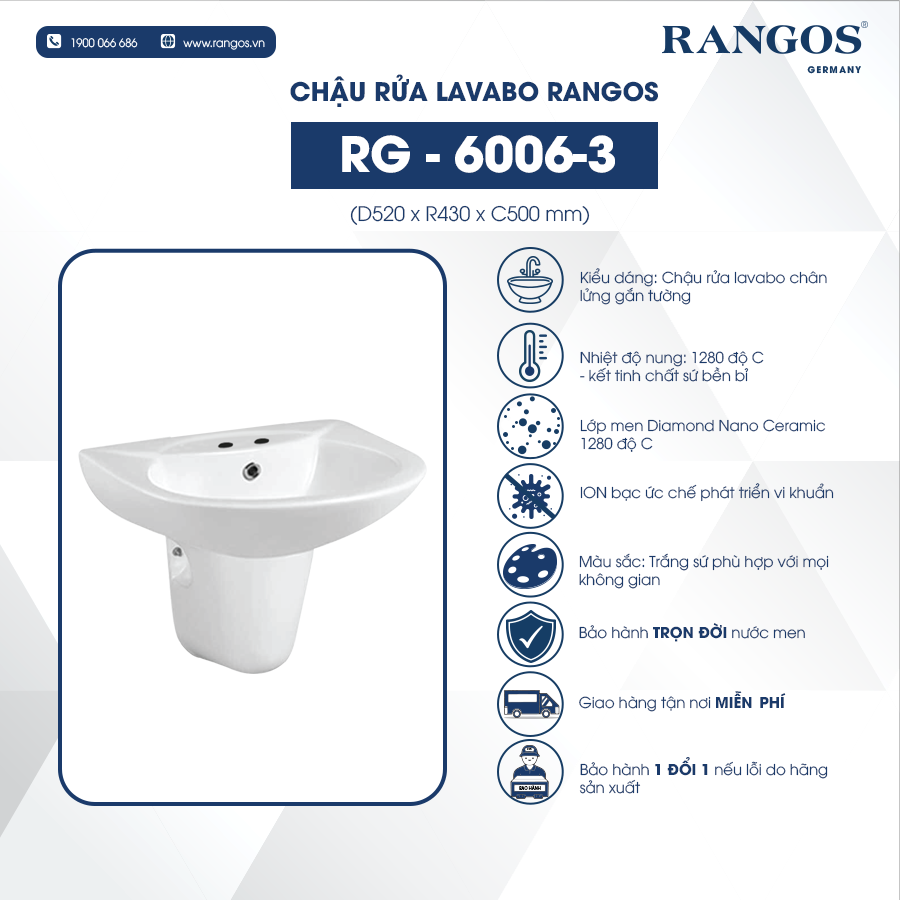 Chậu rửa lavabo chân lửng Rangos RG-6006-3