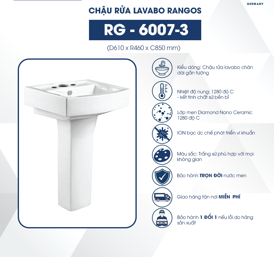 Chậu rửa lavabo chân dài Rangos RG-6007-3