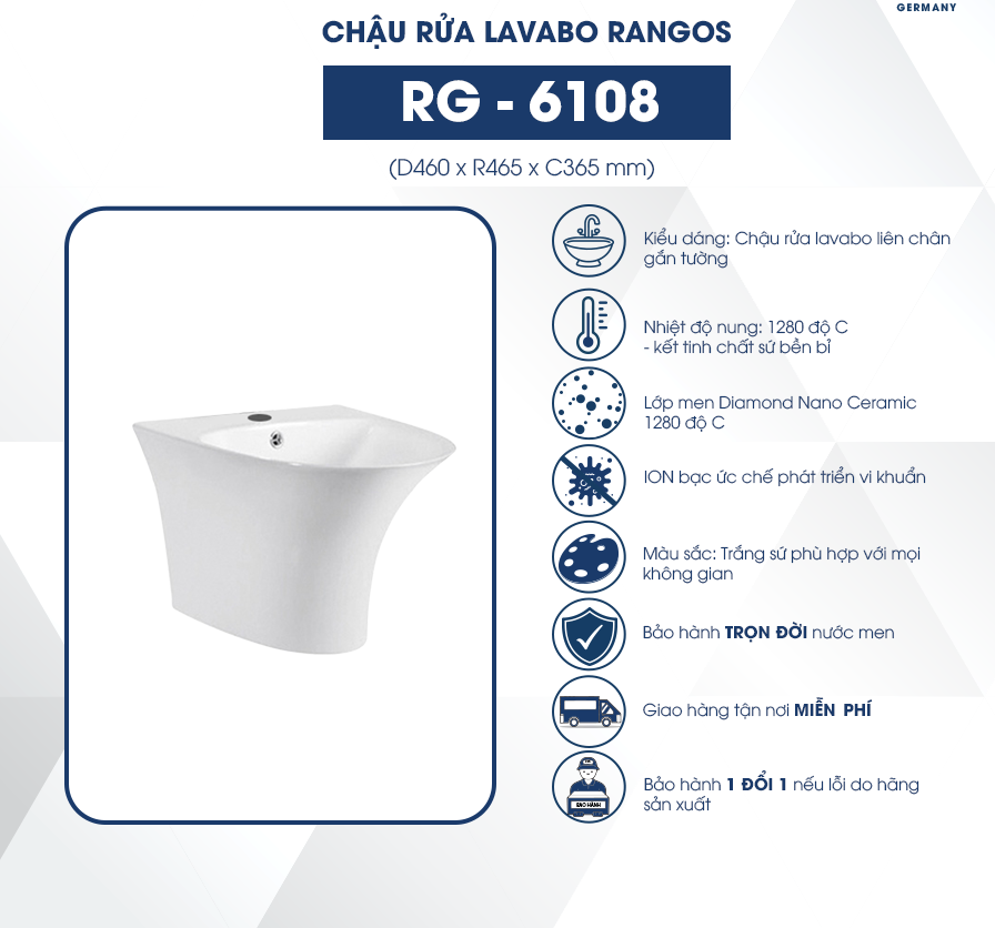 Chậu rửa lavabo liền chân Rangos RG-6108