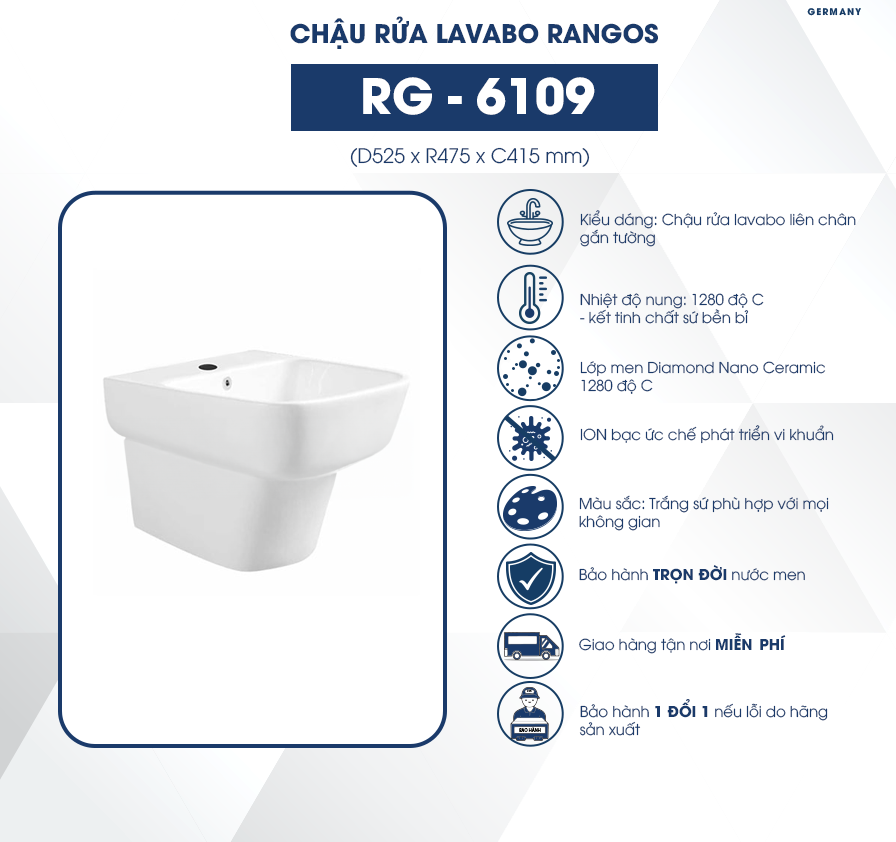 Chậu rửa lavabo liền chân Rangos RG-6109