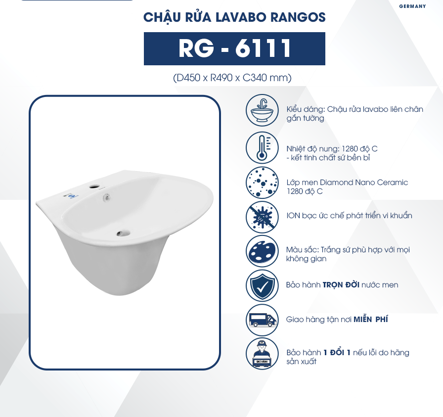 Chậu rửa lavabo liền chân Rangos RG- 6111
