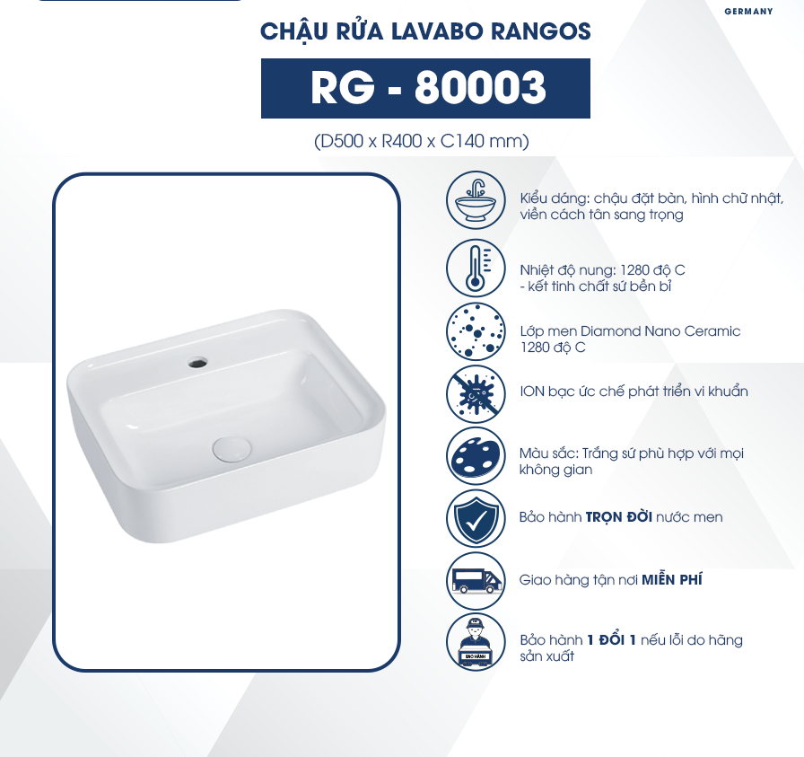 Chậu rửa lavabo đặt bàn Rangos RG-80003
