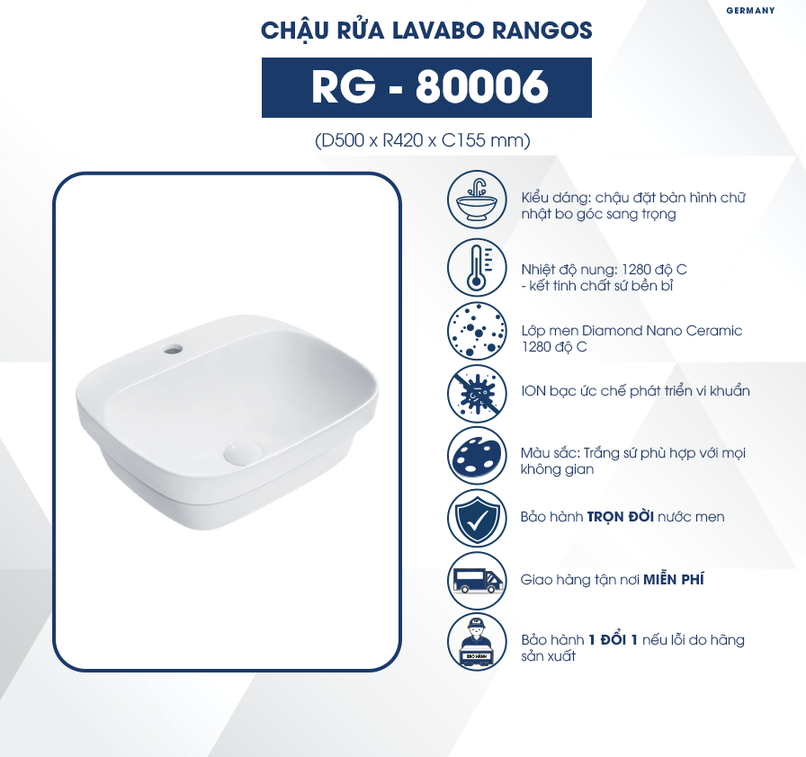 Chậu rửa lavabo bán âm bàn Rangos RG-80006