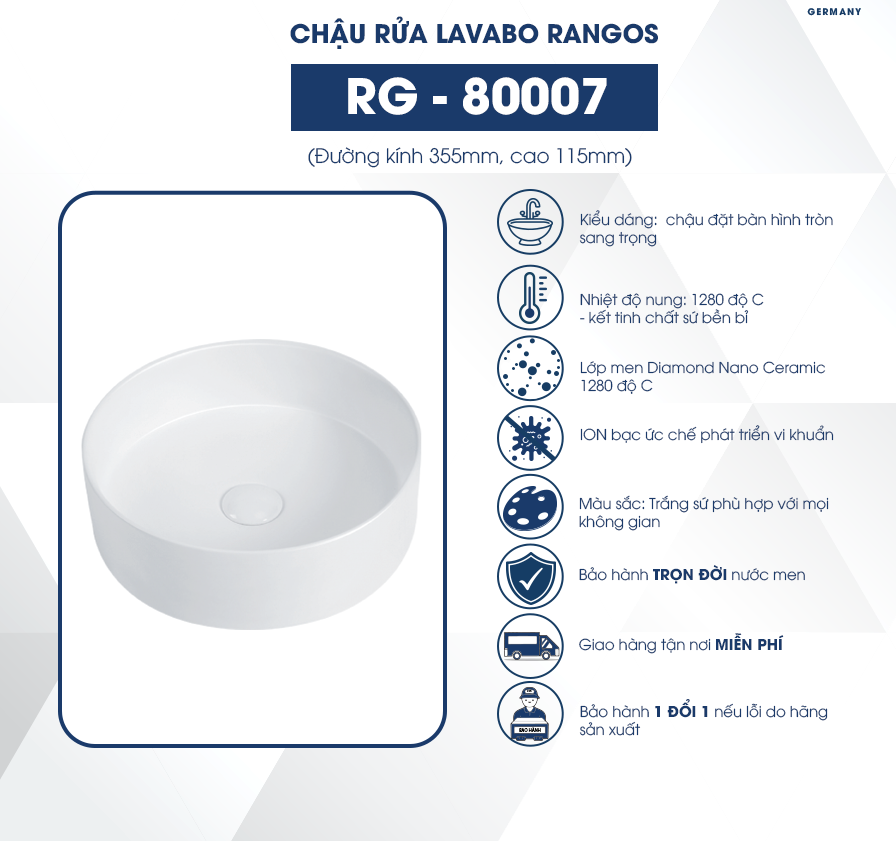 Chậu rửa lavabo đặt bàn Rangos RG-80007
