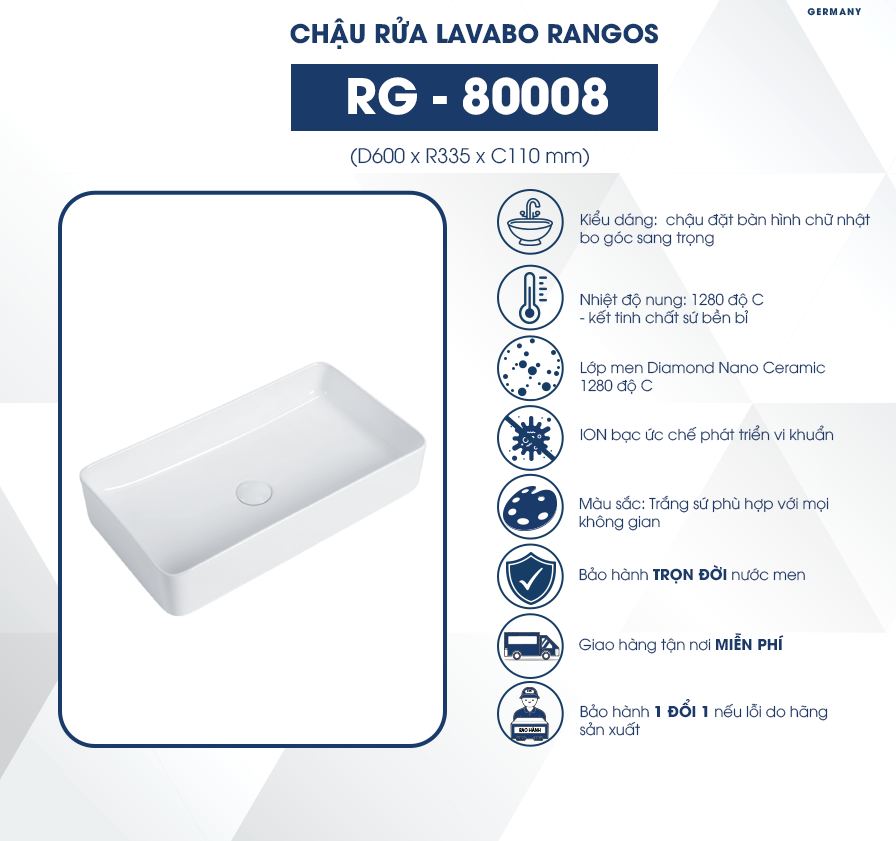 Chậu rửa lavabo đặt bàn Rangos RG-80008
