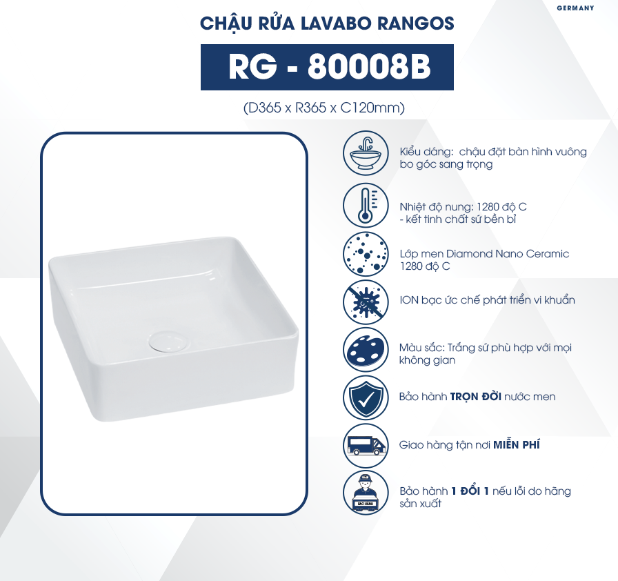 Chậu rửa lavabo đặt bàn Rangos RG-80008B