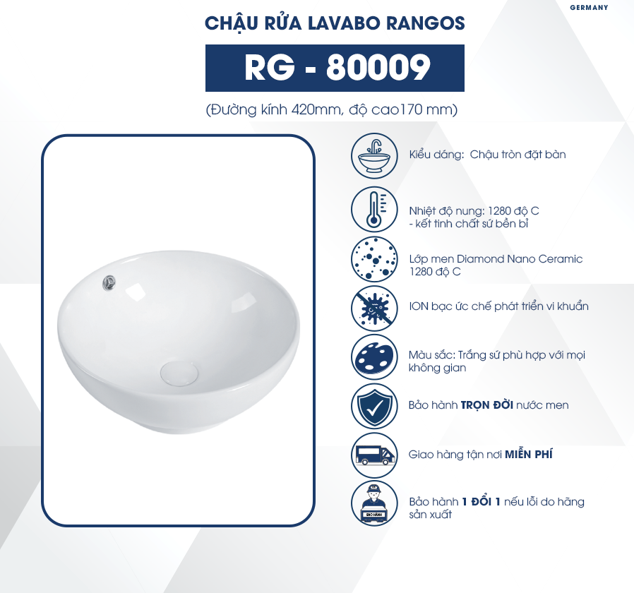 Chậu rửa lavabo đặt bàn Rangos RG-80009