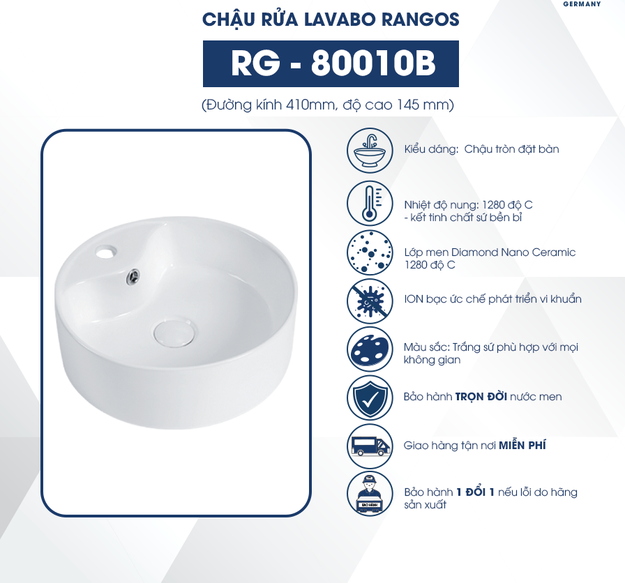 Chậu rửa lavabo đặt bàn Rangos RG-80010B
