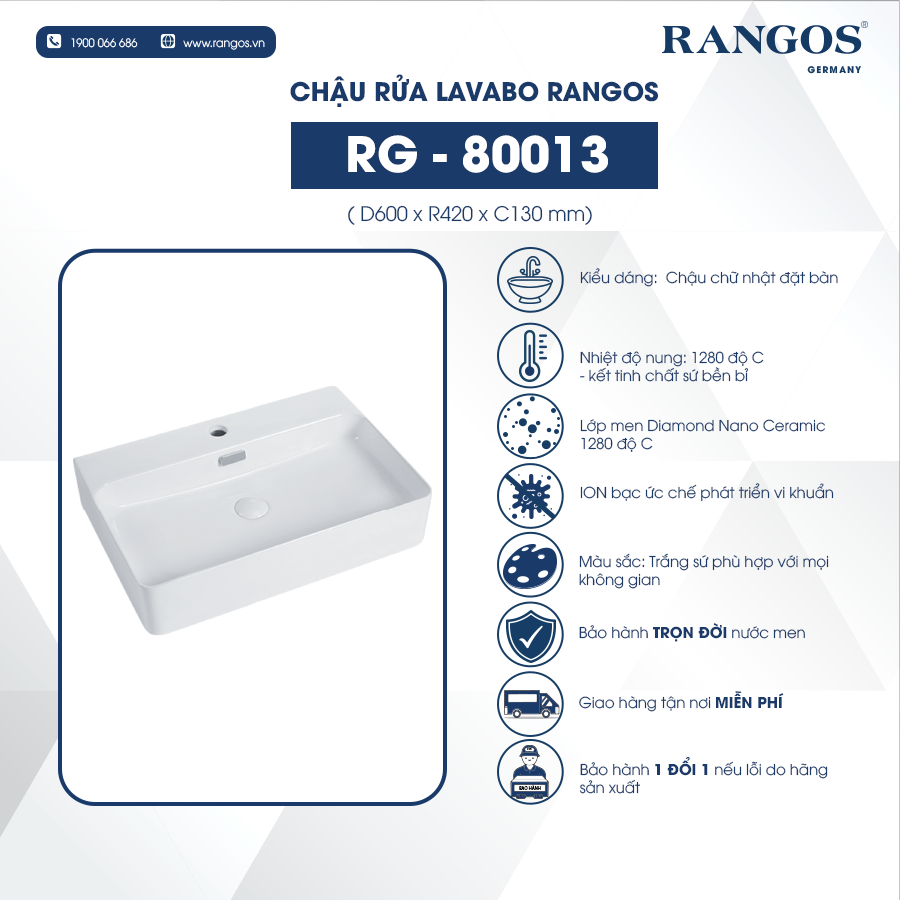 Chậu rửa lavabo đặt bàn Rangos RG-80013