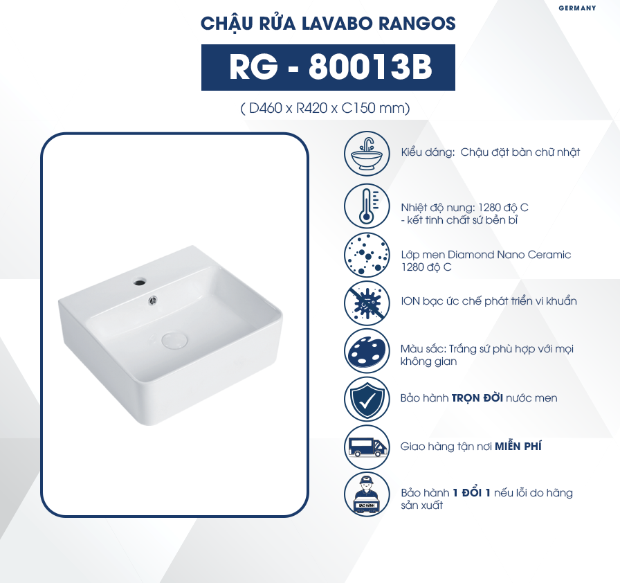 Chậu rửa lavabo đặt bàn Rangos RG-80013B
