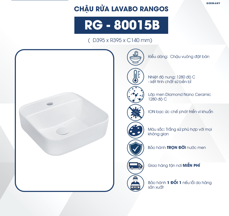 Chậu rửa lavabo đặt bàn Rangos RG-80015B