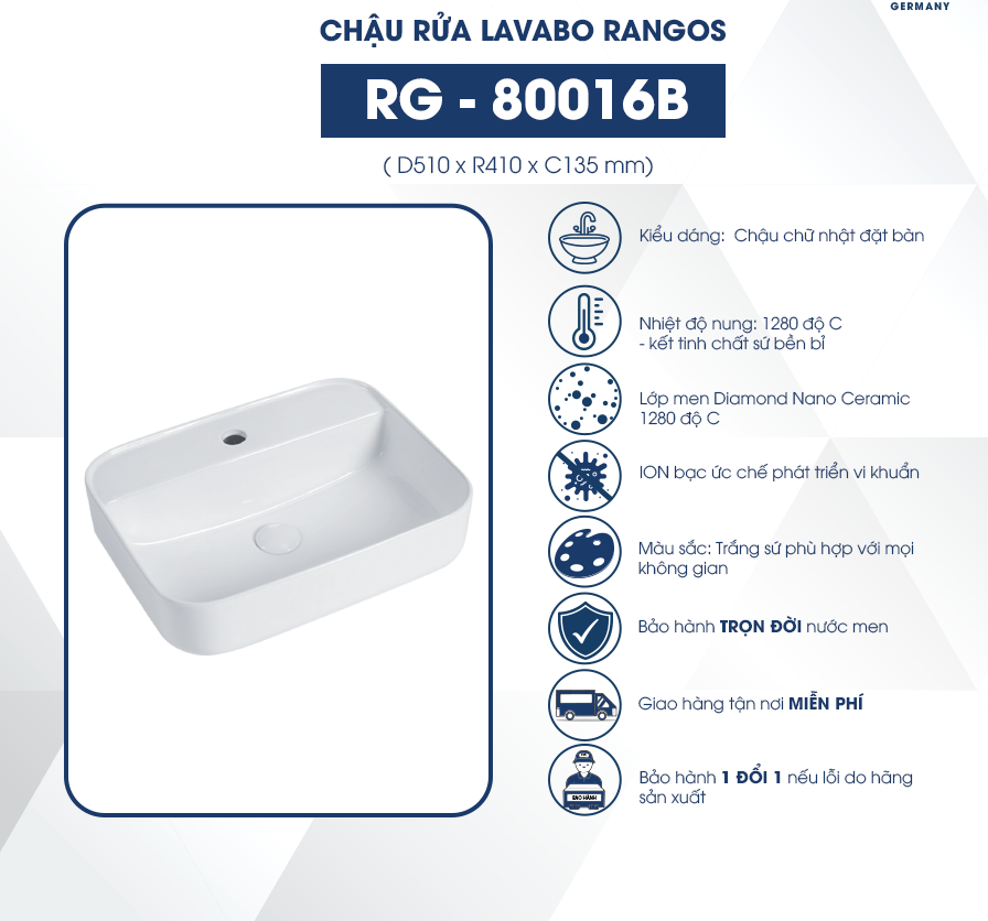 Chậu rửa lavabo đặt bàn Rangos RG-80016B