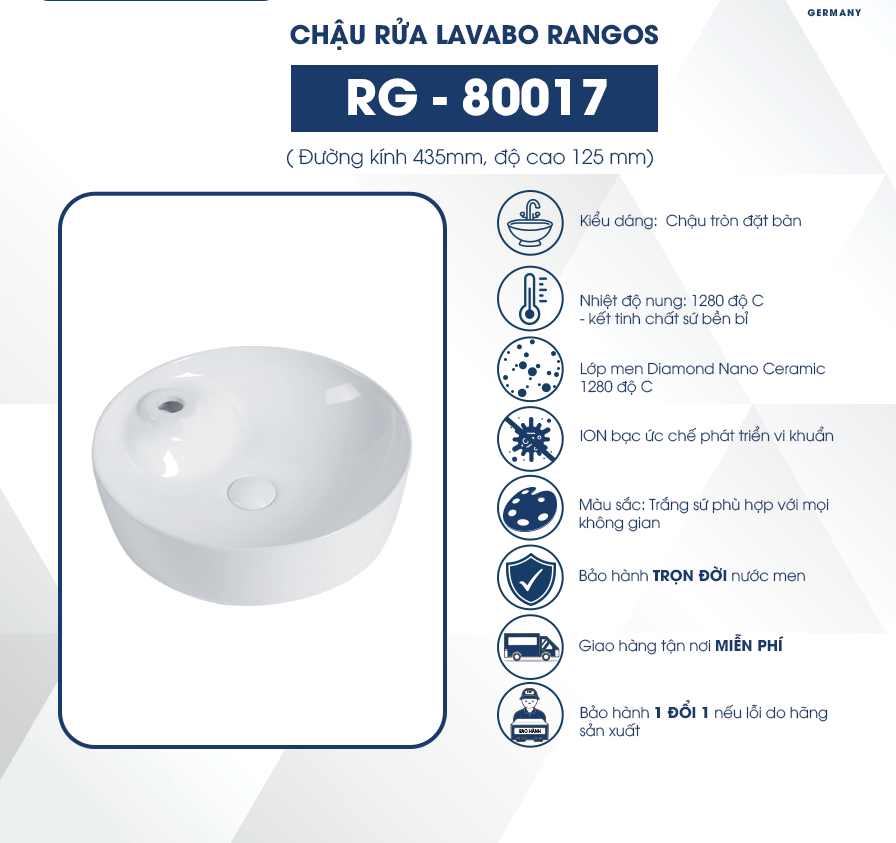 Chậu rửa lavabo đặt bàn Rangos RG-80017