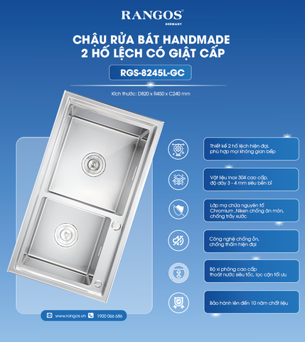 Chậu rửa bát HANDMADE 2 hố lệch có giật cấp RGS-8245L-GC