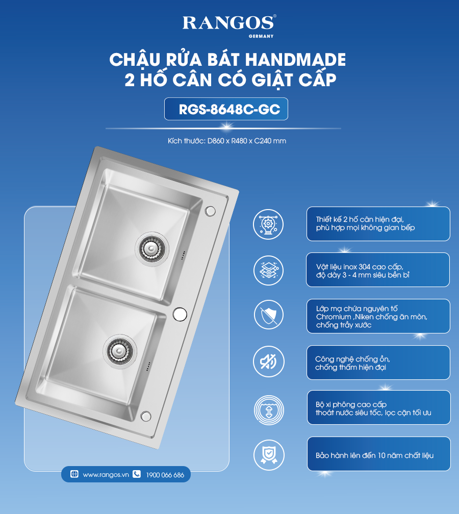 Chậu rửa bát HANDMADE 2 hố cân có giật cấp RGS-8648C-GC